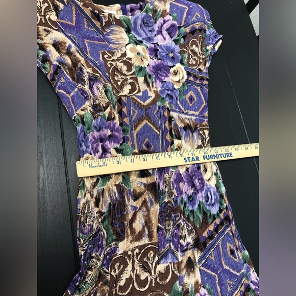 Petite Sophisticate Purple and Brown Floral Midi Dress Crew neck and zipper back - Picture 11 of 13